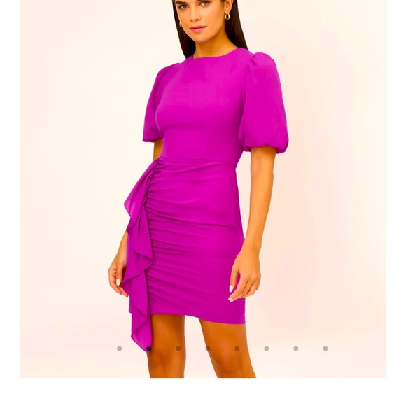 PUFF SHORT SLEEVE SHEATH DRESS WITH RUFFLE ACCENT IN WILD ORCHID - Picture 1 of 7